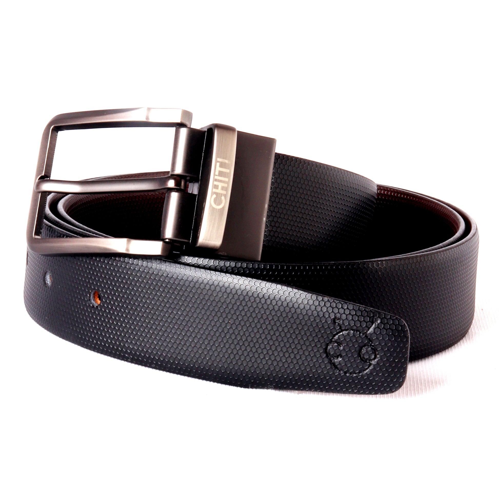 Men Black & coffee Brown Reversible Textured Formal Belt - Chiti